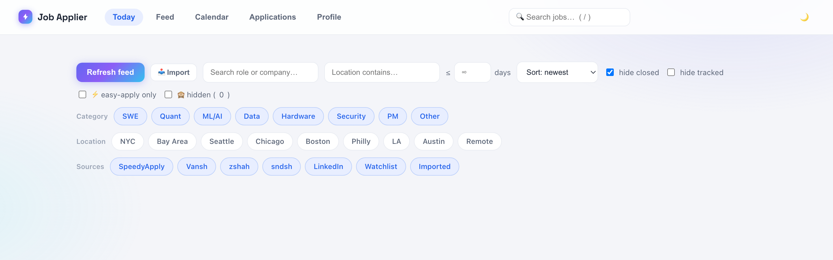 Job Applier feed with category, location, and source filters