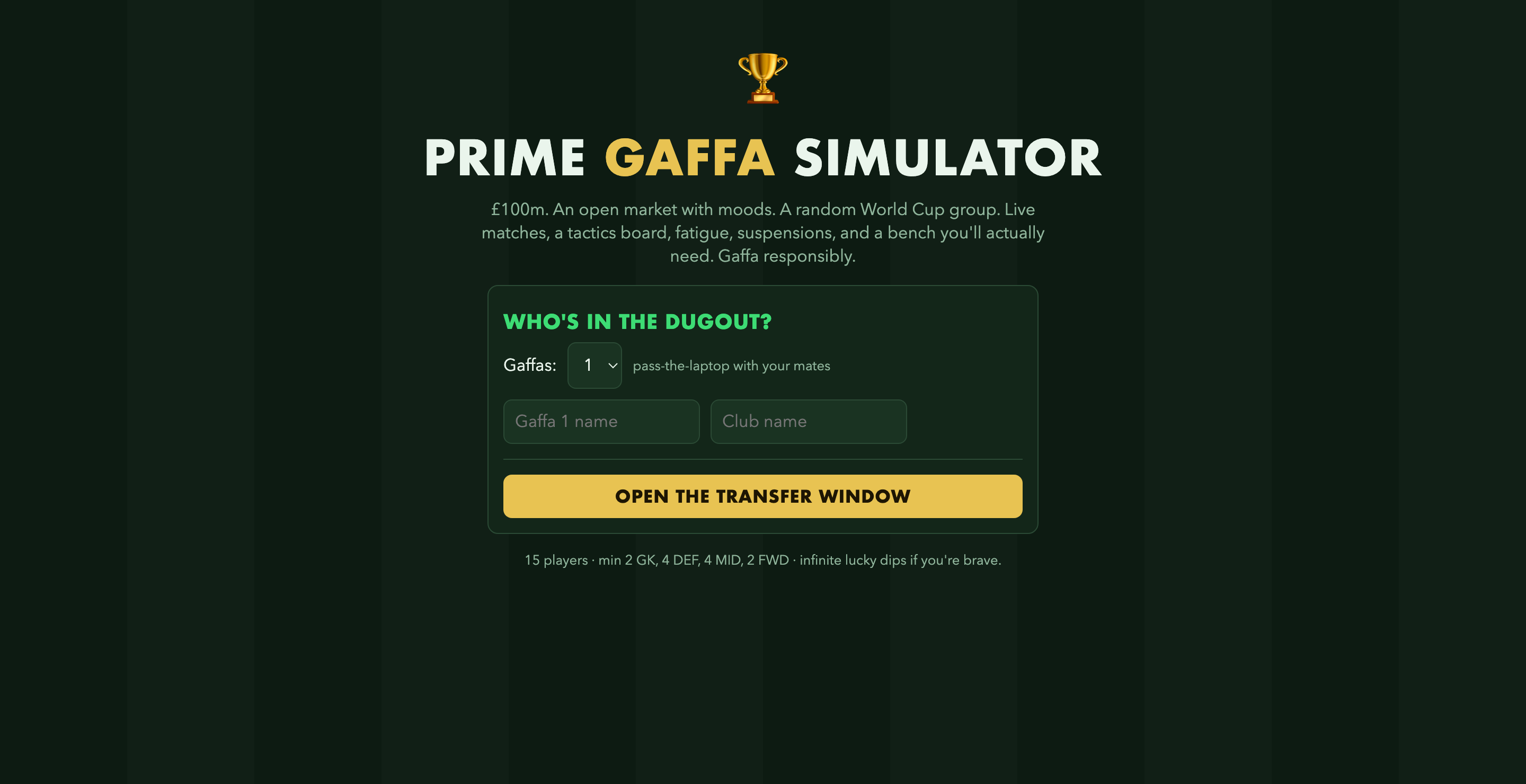 Prime Gaffa Simulator, a World Cup manager game