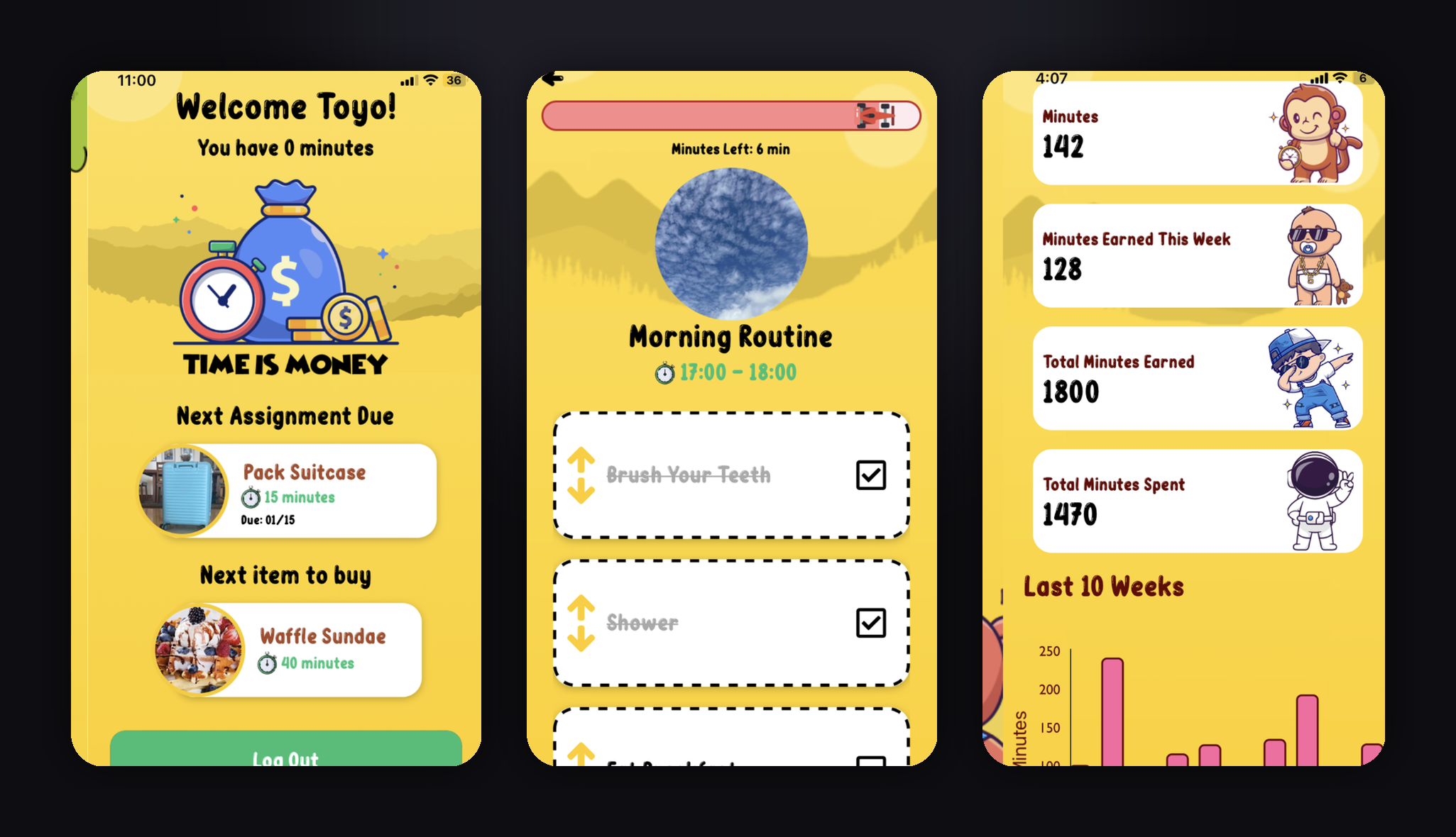 Time Bank kids app showing home, morning routine, and growth stats